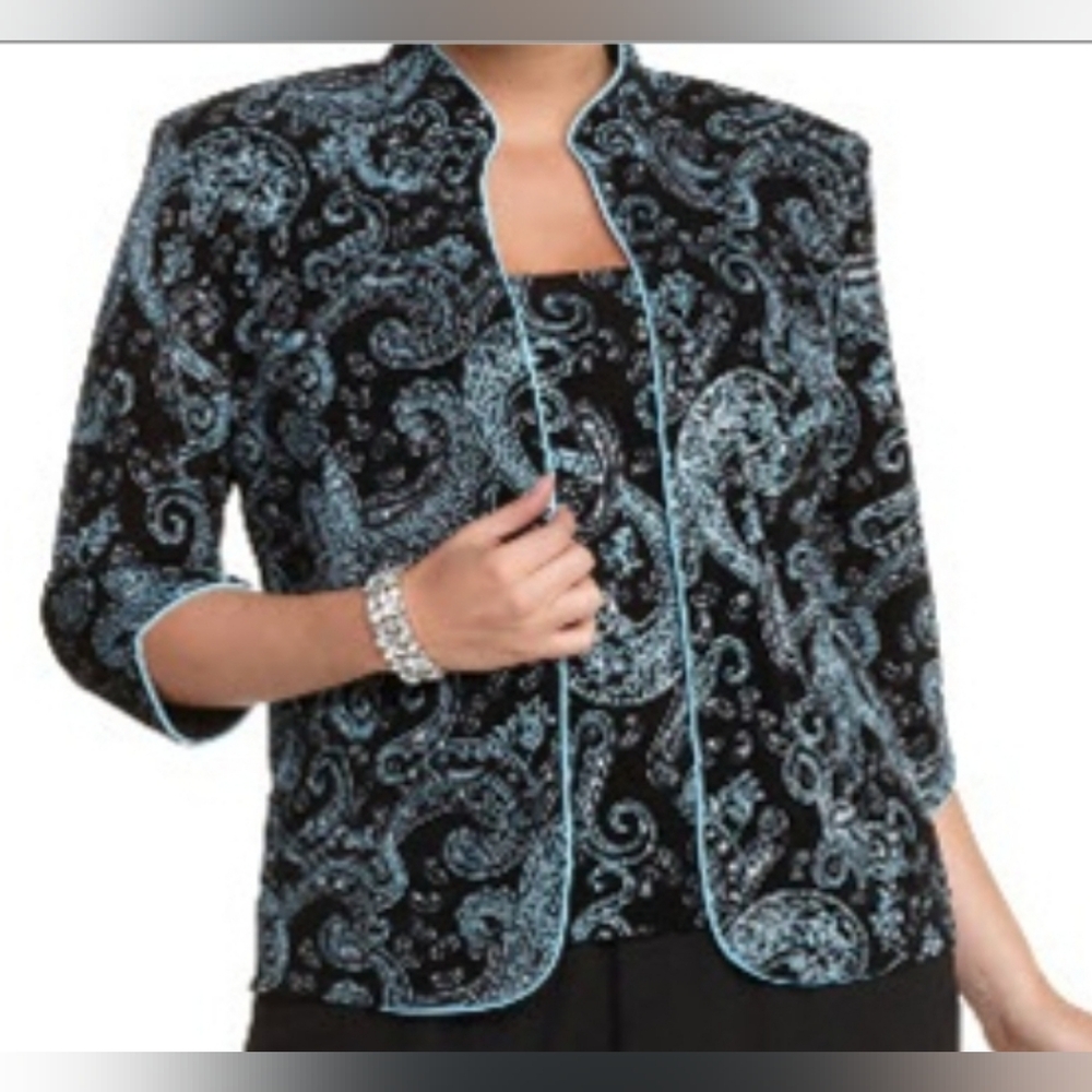 Alex Evenings 2 Piece Glitter Paisley Tank Jacket Set Black Blue Womens S New - Picture 2 of 12